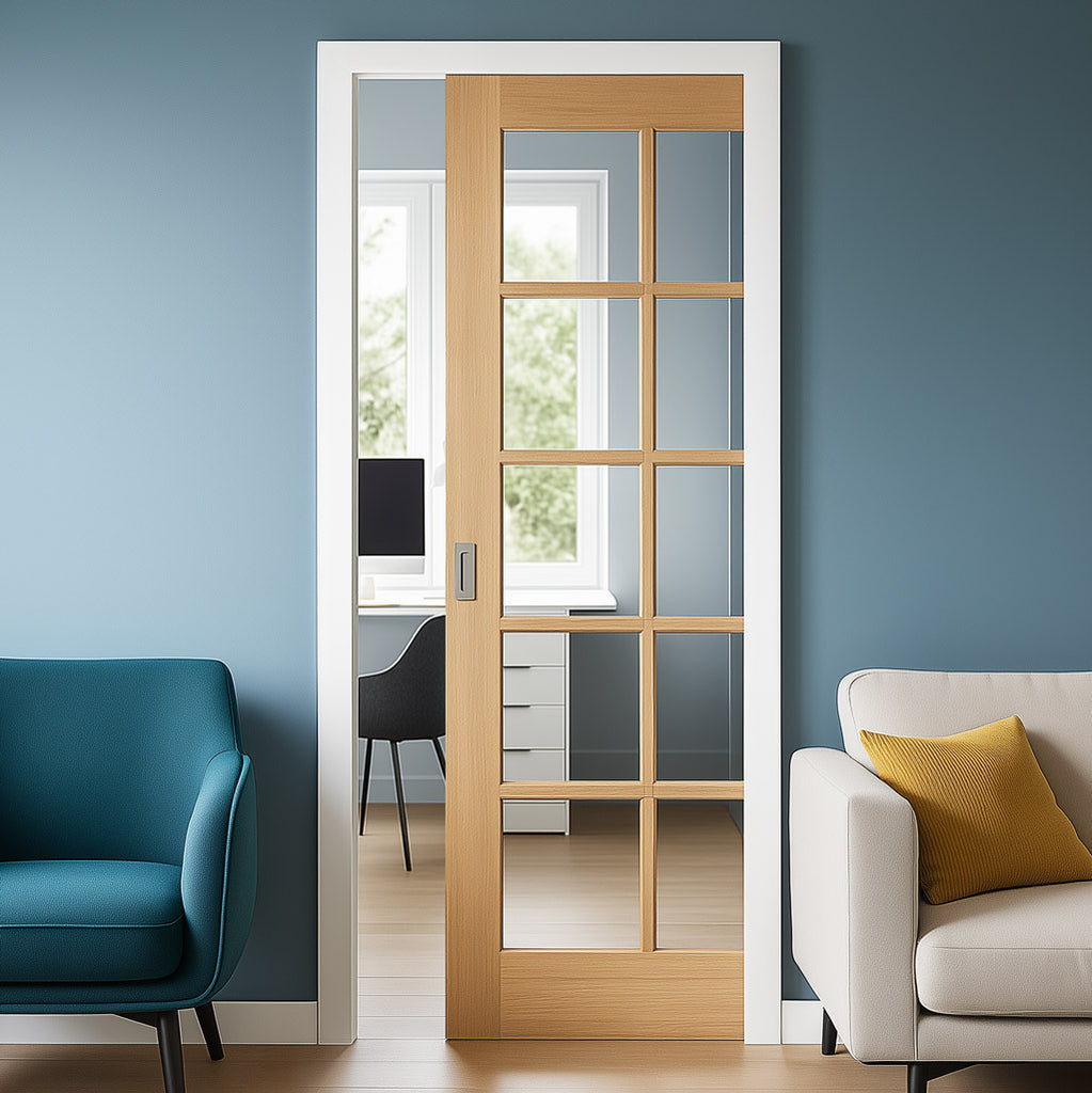 SA 10 Pane Oak Single Evokit Pocket Door - Clear Glass - Unfinished