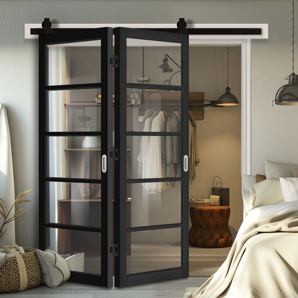 Sliding Top Mounted Black Folding Track & Double Door - Shoreditch Black Door - Prefinished - Clear Glass - Urban Collection