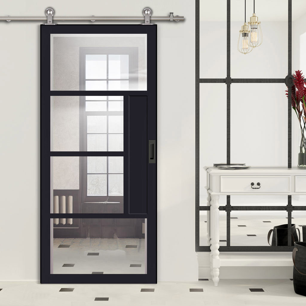 Sirius Tubular Stainless Steel Track & Solid Wood Door - Eco-Urban® Boston 4 Pane Door DD6311G - Clear Glass - 6 Colour Options