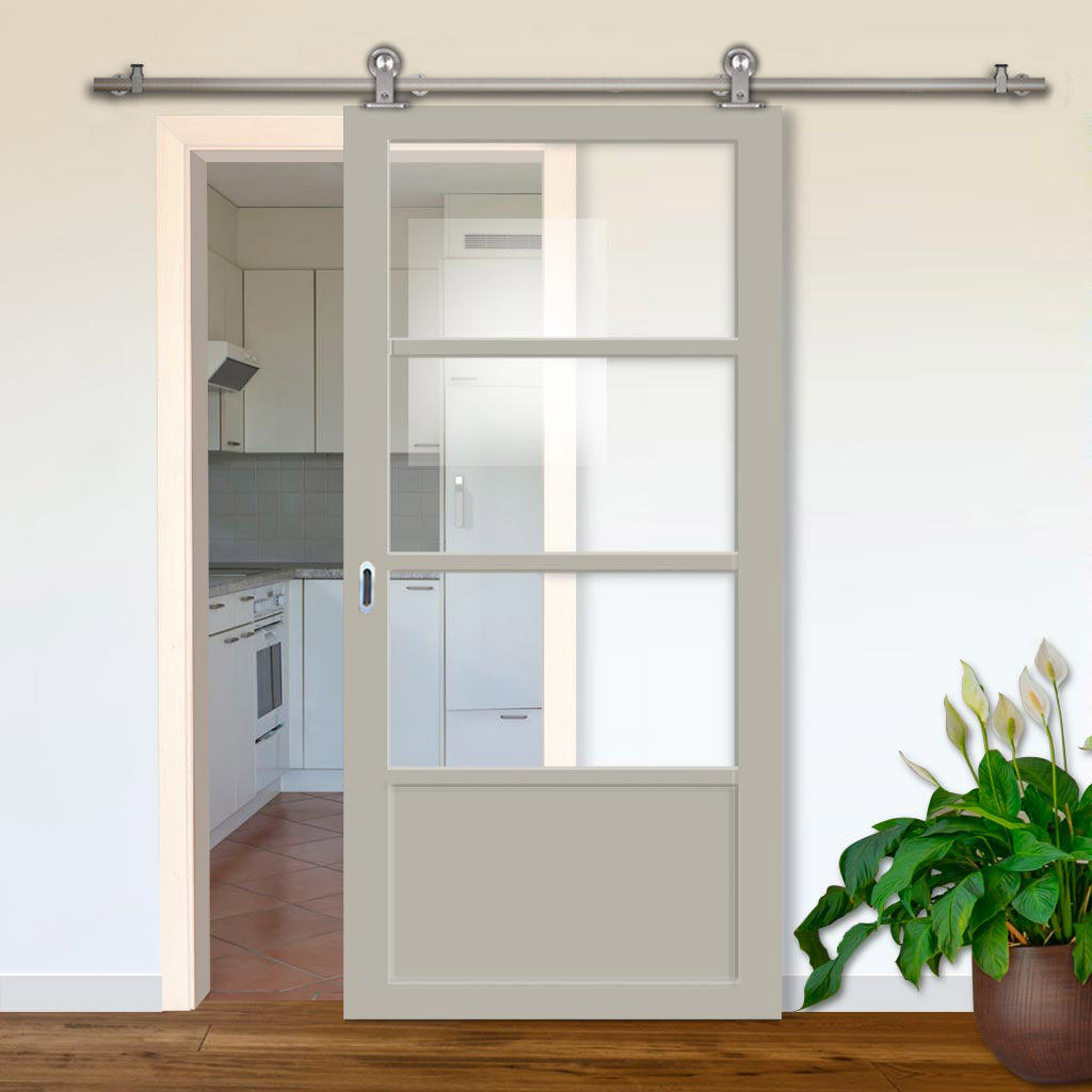 Sirius Tubular Stainless Steel Track & Solid Wood Door - Eco-Urban® Staten 3 Pane 1 Panel Door DD6310G - Clear Glass - 6 Colour Options