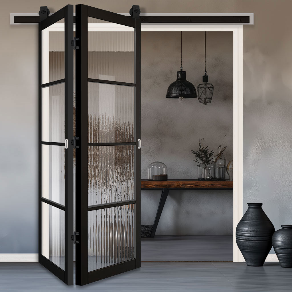 Sliding Top Mounted Black Folding Track & Double Door - Soho Black Internal Door - Clear Reeded Glass - Prefinished