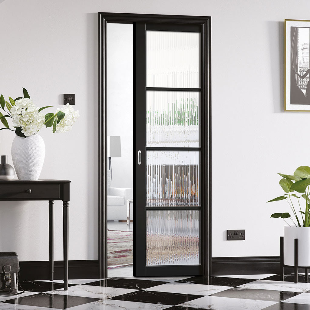 Soho 4 Pane Black Single Evokit Pocket Door - Clear Reeded Glass - Pre ...