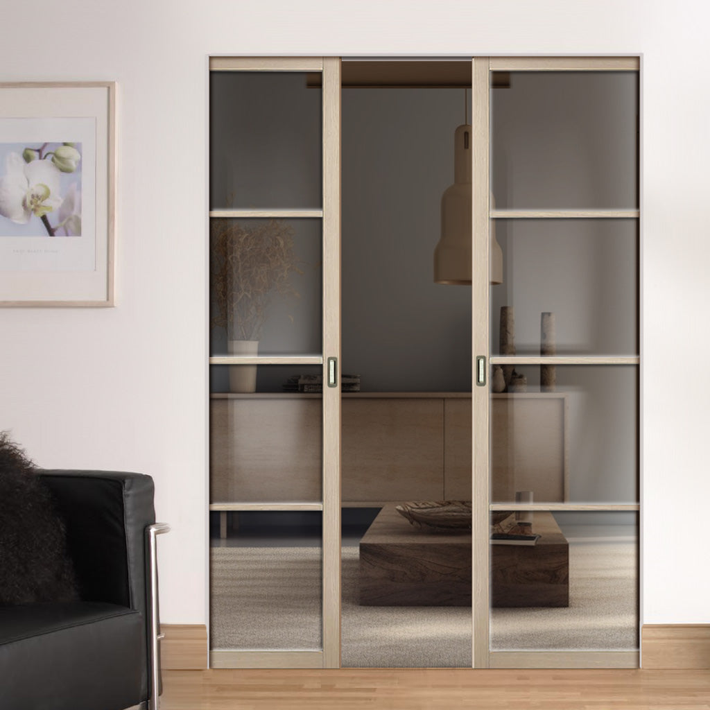 Soho 4 Pane Blonde Oak Absolute Evokit Double Pocket Doors - Clear Gla