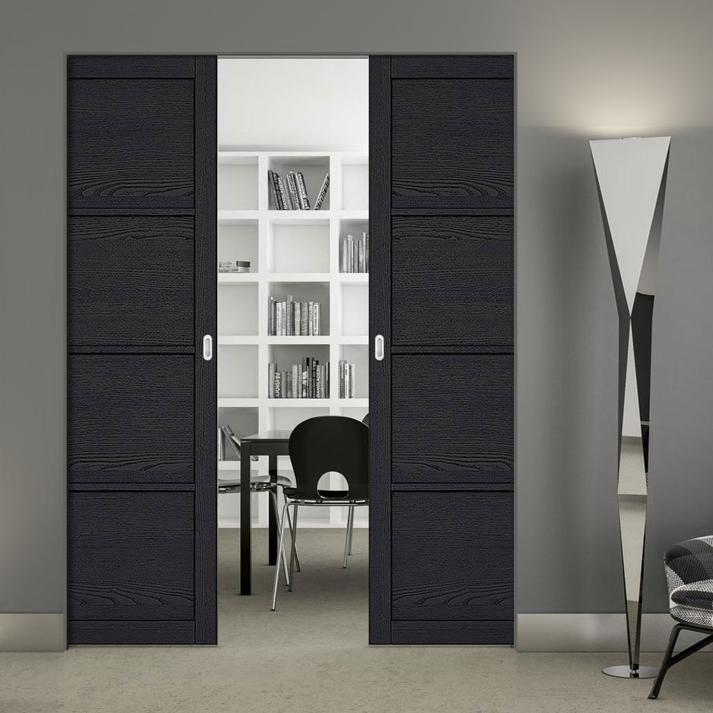 Soho 4 Panel Charcoal Absolute Evokit Double Pocket Door - Prefinished