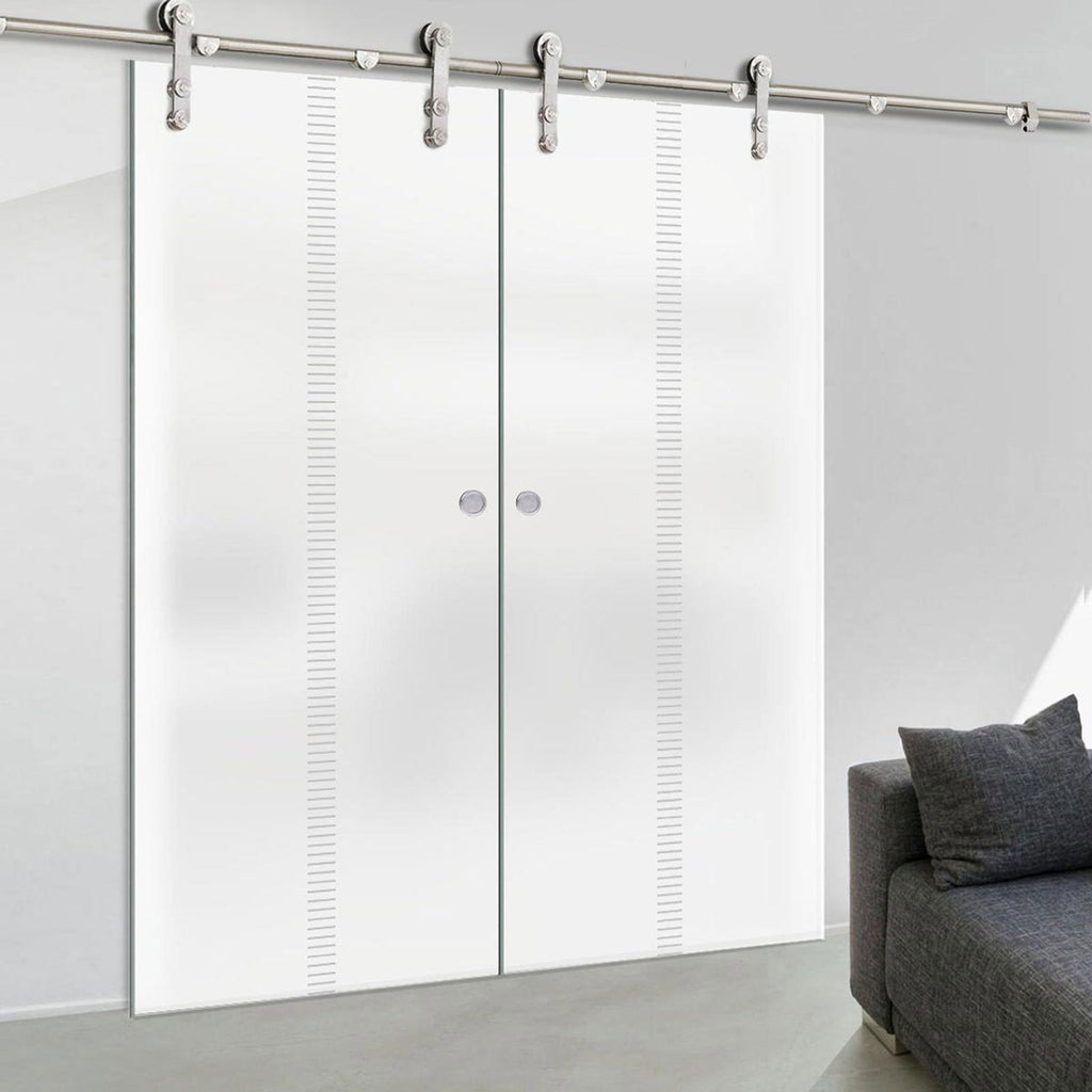 Double Glass Sliding Door - Solaris Tubular Stainless Steel Sliding Track & Spott 8mm Obscure Glass - Obscure Printed Design