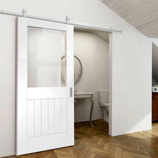 Image: Top Mounted Stainless Steel Sliding Track & Door - Suffolk Door - Clear Glass - White Primed