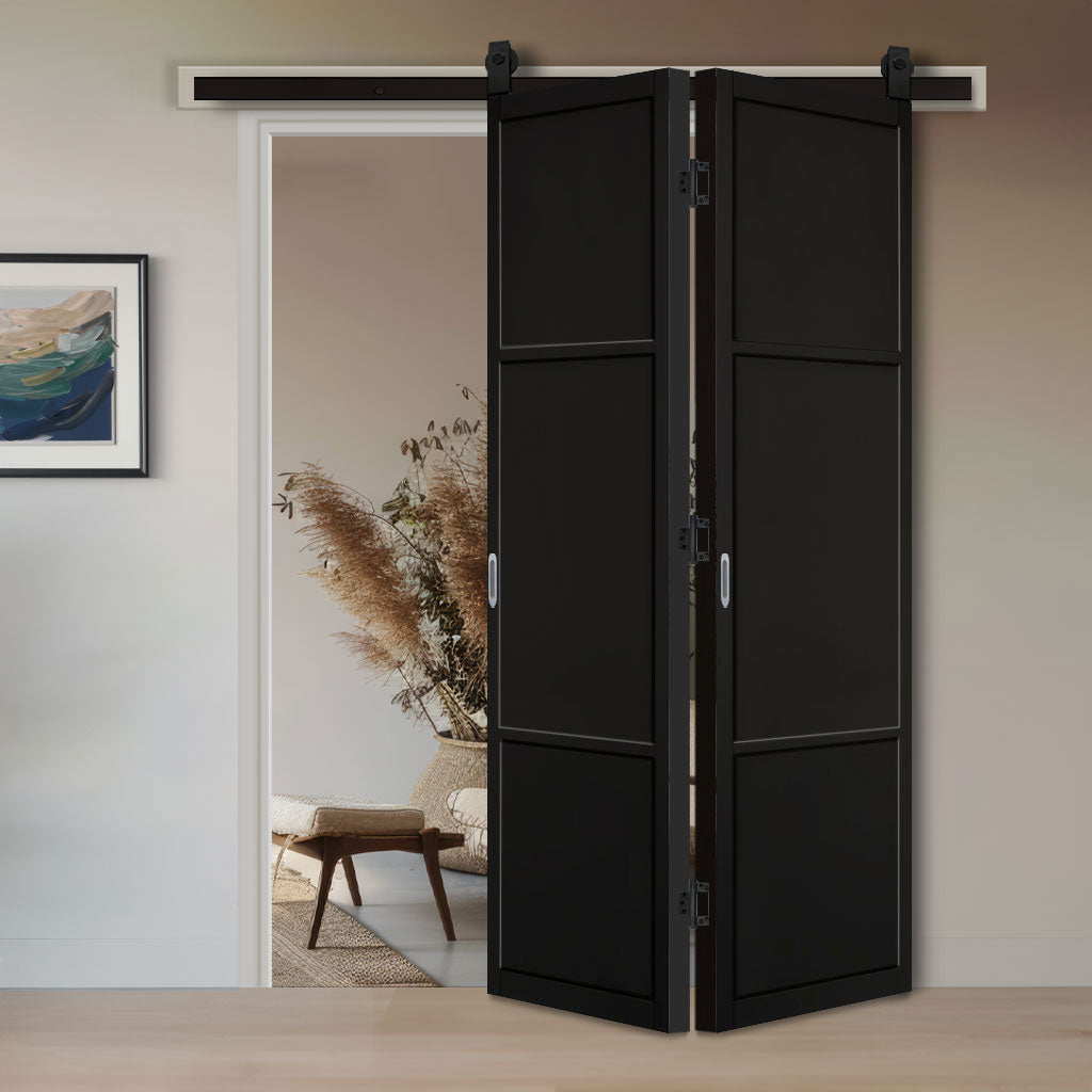 Sliding Top Mounted Black Folding Track & Double Door - Sutton Panel Black Internal Door - Prefinished