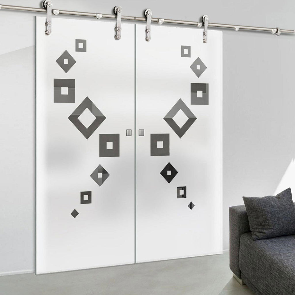 Double Glass Sliding Door - Solaris Tubular Stainless Steel Sliding Track & Geometric Swirl 8mm Obscure Glass - Clear Printed Design