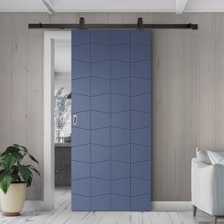 Image: Top Mounted Black Sliding Track & Solid Wood Door - V-Line® Grooved Flush Door V004 - Premium Primed - Six Colour Options