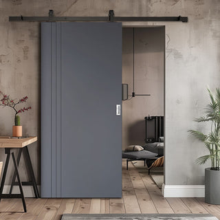 Image: Top Mounted Black Sliding Track & Solid Wood Door - V-Line® Grooved Flush Door V018 - Premium Primed - Six Colour Options
