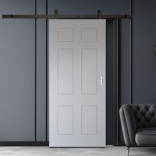 Image: Top Mounted Black Sliding Track & Solid Wood Door - V-Line® Grooved Flush Door V079 - Premium Primed - Six Colour Options