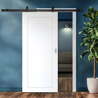 Image: Top Mounted Black Sliding Track & Solid Wood Door - V-Line® Grooved Flush Door V080 - Premium Primed - Six Colour Options