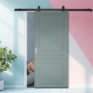 Image: Top Mounted Black Sliding Track & Solid Wood Door - V-Line® Grooved Flush Door V082 - Premium Primed - Six Colour Options