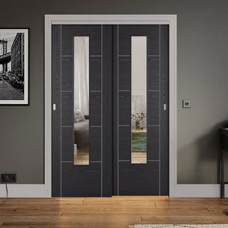 Image: Pass-Easi Two Sliding Doors and Frame Kit - Laminate Vancouver Black Door - Prefinished - Clear Glass - Prefinished
