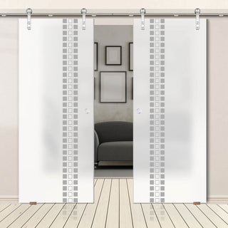 Image: Double Glass Sliding Door - Solaris Tubular Stainless Steel Sliding Track & Winton 8mm Obscure Glass - Obscure Printed Design
