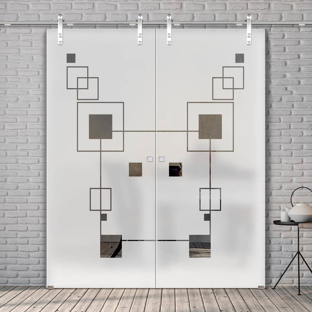 Double Glass Sliding Door - Solaris Tubular Stainless Steel Sliding Track & Geometric Zoom 8mm Obscure Glass - Clear Printed Design