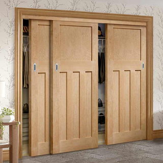 Image: Three Sliding Wardrobe Doors & Frame Kit - DX 1930'S Oak Panel Door - Prefinished