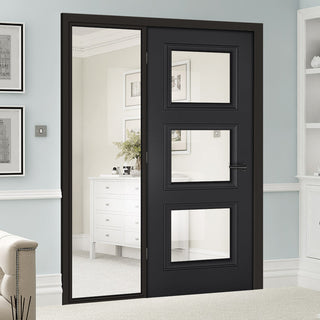 Image: ThruEasi Black Room Divider - Antwerp 3 Pane Primed Clear Glass Unfinished Door with Full Glass Side