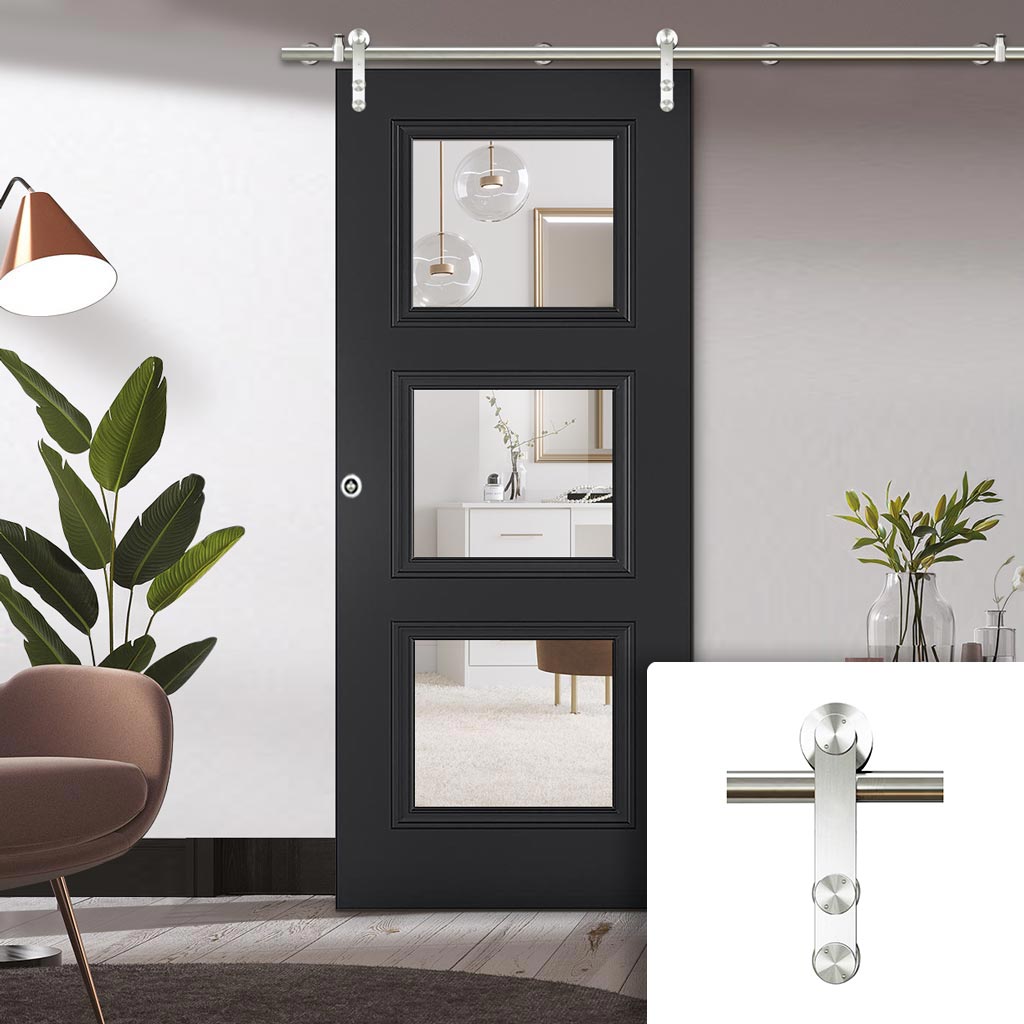 Saturn Tubular Stainless Steel Sliding Track & Antwerp 3 Pane Black Primed Door - Clear Glass