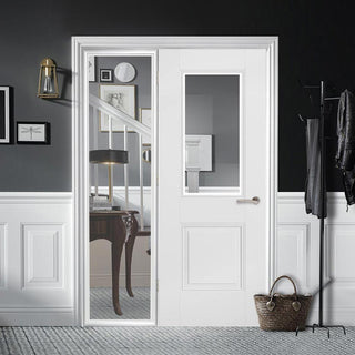 Image: WhiteRoom Divider - Arnhem 1 Pane 1 Panel Clear Glass Primed Door with Full Glass Side