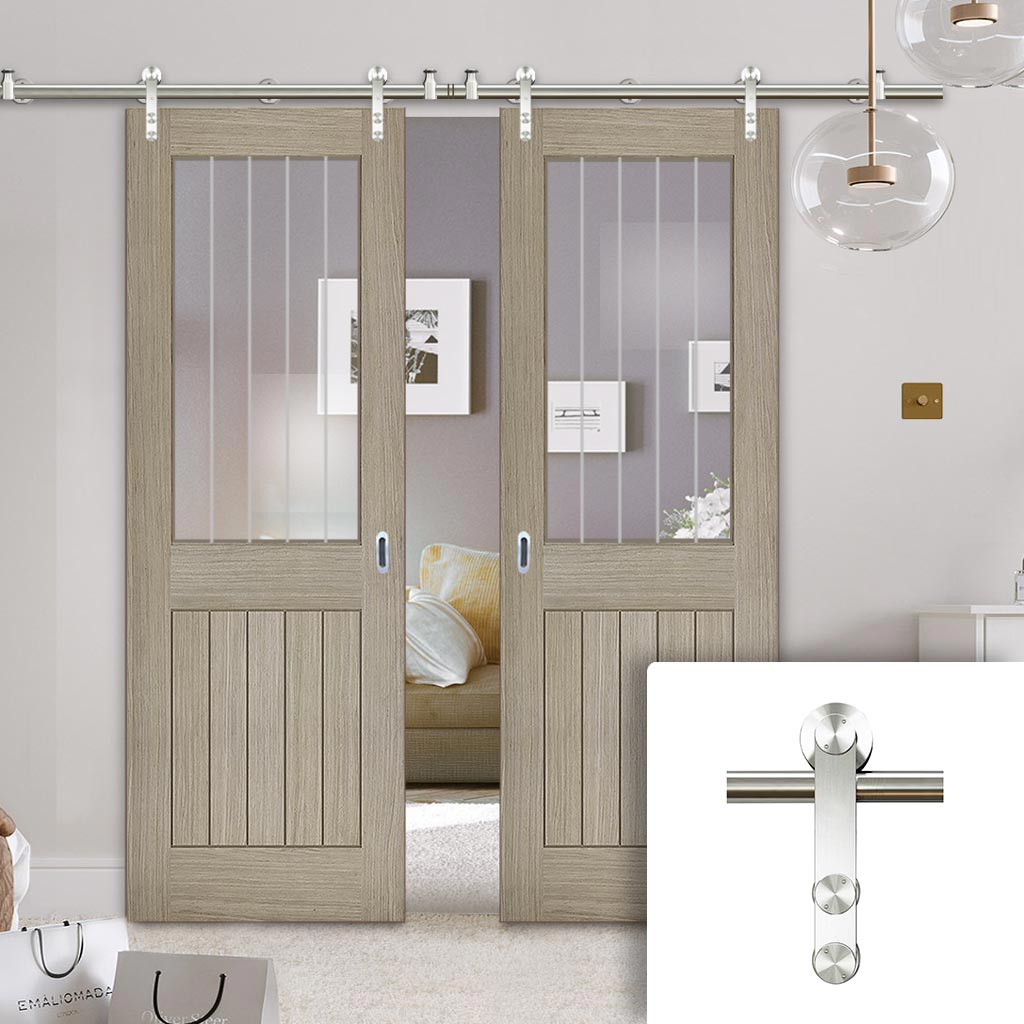 Saturn Tubular Stainless Steel Sliding Track & Belize Light Grey Double Door  - Clear Glass Frosted Lines - Prefinished