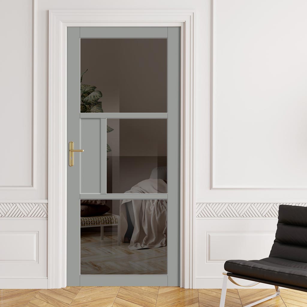 Breda 3 Pane 1 Panel Solid Wood Internal Door UK Made DD6439 - Tinted Glass - Eco-Urban® Mist Grey Premium Primed