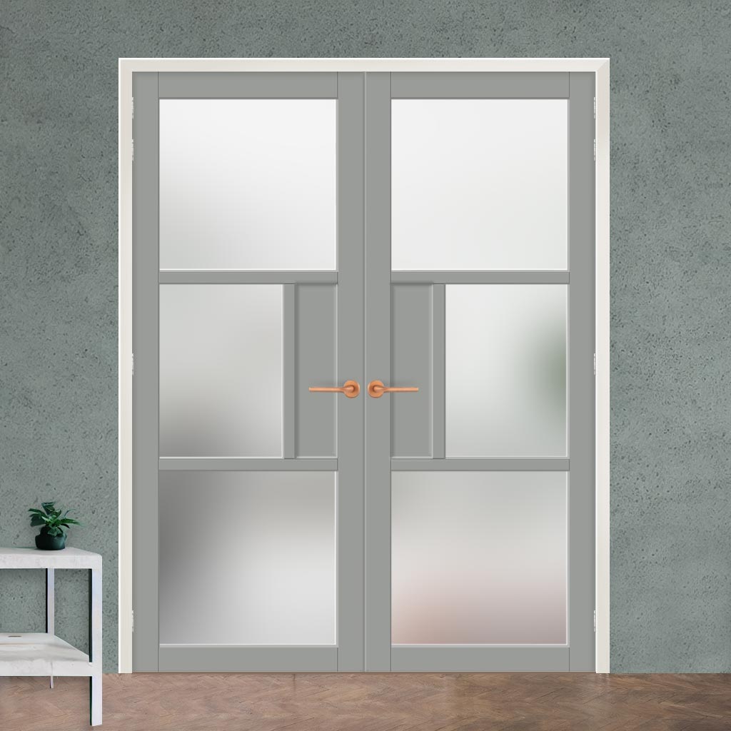 Breda 3 Pane 1 Panel Solid Wood Internal Door Pair UK Made DD6439SG Frosted Glass - Eco-Urban® Mist Grey Premium Primed