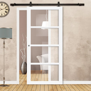 Image: Top Mounted Black Sliding Track & Solid Wood Door - Eco-Urban® Brooklyn 4 Pane Solid Wood Door DD6308G - Clear Glass - Cloud White Premium Primed