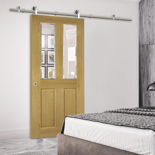 Image: Sirius Tubular Stainless Steel Sliding Track & Bury Oak Door - Clear Bevelled Glass - Prefinished