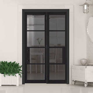 Image: ThruEasi Room Divider - Chelsea 4 Pane Black Primed Tinted Glass Unfinished Door with Single Side