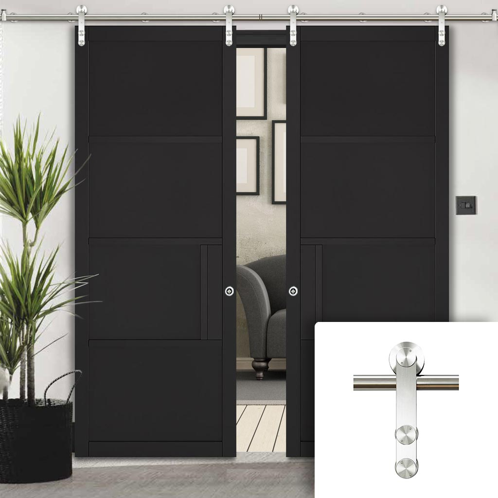 Saturn Tubular Stainless Steel Sliding Track & Chelsea 4 Panel Black Painted Double Door - Prefinished