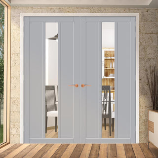 Image: Eco-Urban Cornwall 1 Pane 2 Panel Solid Wood Internal Door Pair UK Made DD6404G Clear Glass  - Eco-Urban® Mist Grey Premium Primed