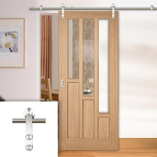Image: Saturn Tubular Stainless Steel Sliding Track & Coventry Contemporary Oak Door - Clear Glass - Unfinished