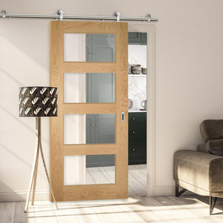 Image: Sirius Tubular Stainless Steel Sliding Track & Coventry Shaker Oak Door - Clear Glass - Unfinished