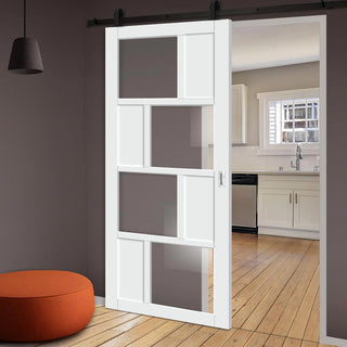 Image: Top Mounted Black Sliding Track & Solid Wood Door - Eco-Urban® Cusco 4 Pane 4 Panel Solid Wood Door DD6416G Clear Glass - Cloud White Premium Primed