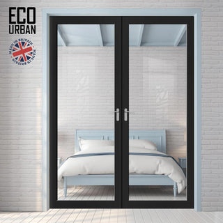 Image: Baltimore 1 Pane Solid Wood Internal Door Pair UK Made DD6301G - Clear Glass - Eco-Urban® Shadow Black Premium Primed