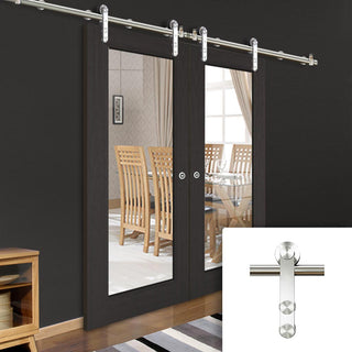 Image: Saturn Tubular Stainless Steel Sliding Track & Diez Charcoal Black 1L Double Door - Raised Mouldings - Clear Glass - Prefinished