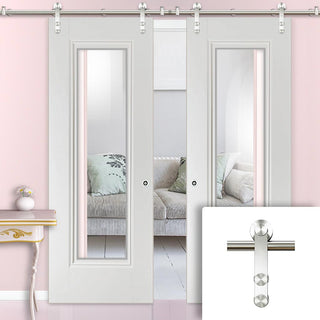 Image: Saturn Tubular Stainless Steel Sliding Track & Eindhoven  1 Pane Double Door - Clear Glass - Primed