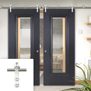 Image: Saturn Tubular Stainless Steel Sliding Track & Eindhoven Black Primed Double Door - Clear Glass - Unfinished