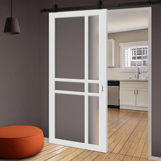 Image: Top Mounted Black Sliding Track & Solid Wood Door - Eco-Urban® Glasgow 6 Pane Solid Wood Door DD6314SG - Frosted Glass - Cloud White Premium Primed
