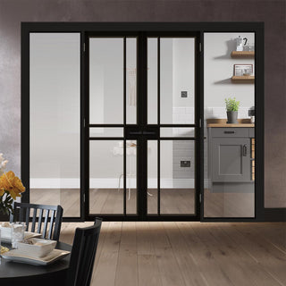 Image: ThruEasi Black Room Divider - Greenwich Primed Clear Glass Unfinished Door Pair with Full Glass Sides