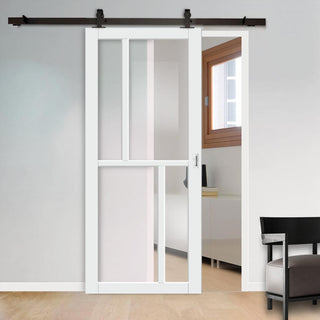 Image: Top Mounted Black Sliding Track & Solid Wood Door - Eco-Urban® Hampton 4 Pane Solid Wood Door DD6413G Clear Glass - Cloud White Premium Primed