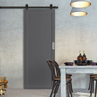 Image: Top Mounted Black Sliding Track & Solid Wood Door - Eco-Urban® Baltimore 1 Panel Solid Wood Door DD6301 - Stormy Grey Premium Primed