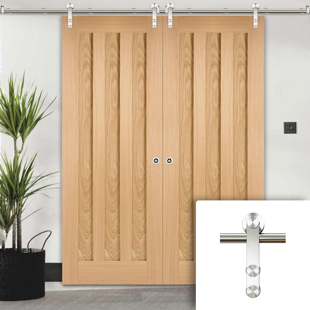 Saturn Tubular Stainless Steel Sliding Track & Idaho 3 Panel Oak Double Door - Unfinished