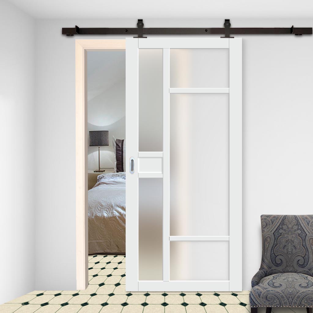 Top Mounted Black Sliding Track & Solid Wood Door - Eco-Urban® Jura 5 Pane 1 Panel Solid Wood Door DD6431SG Frosted Glass - Cloud White Premium Primed