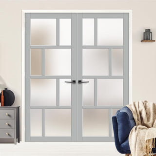 Image: Eco-Urban Kochi 8 Pane Solid Wood Internal Door Pair UK Made DD6415SG Frosted Glass - Eco-Urban® Mist Grey Premium Primed