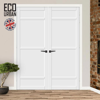 Image: Malvan 4 Panel Solid Wood Internal Door Pair UK Made DD6414 - Eco-Urban® Cloud White Premium Primed