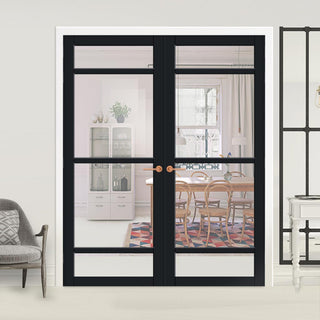 Image: Eco-Urban Malvan 4 Pane Solid Wood Internal Door Pair UK Made DD6414G Clear Glass - Eco-Urban® Shadow Black Premium Primed