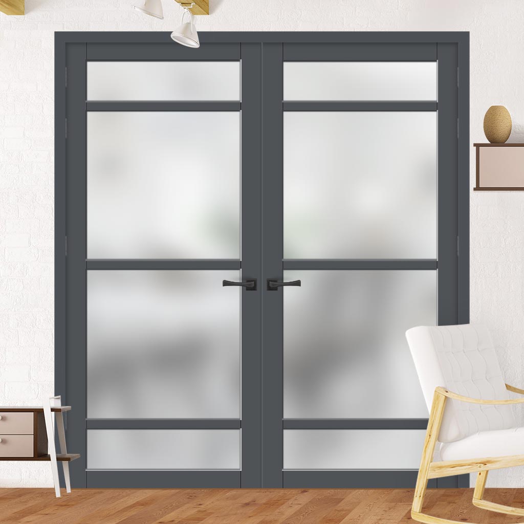 Eco-Urban Malvan 4 Pane Solid Wood Internal Door Pair UK Made DD6414SG Frosted Glass - Eco-Urban® Stormy Grey Premium Primed