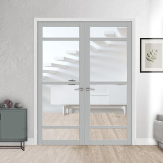 Image: Eco-Urban Malvan 4 Pane Solid Wood Internal Door Pair UK Made DD6414G Clear Glass  - Eco-Urban® Mist Grey Premium Primed